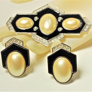Vintage Art Deco Pearl YSL Brooch Earrings Suite